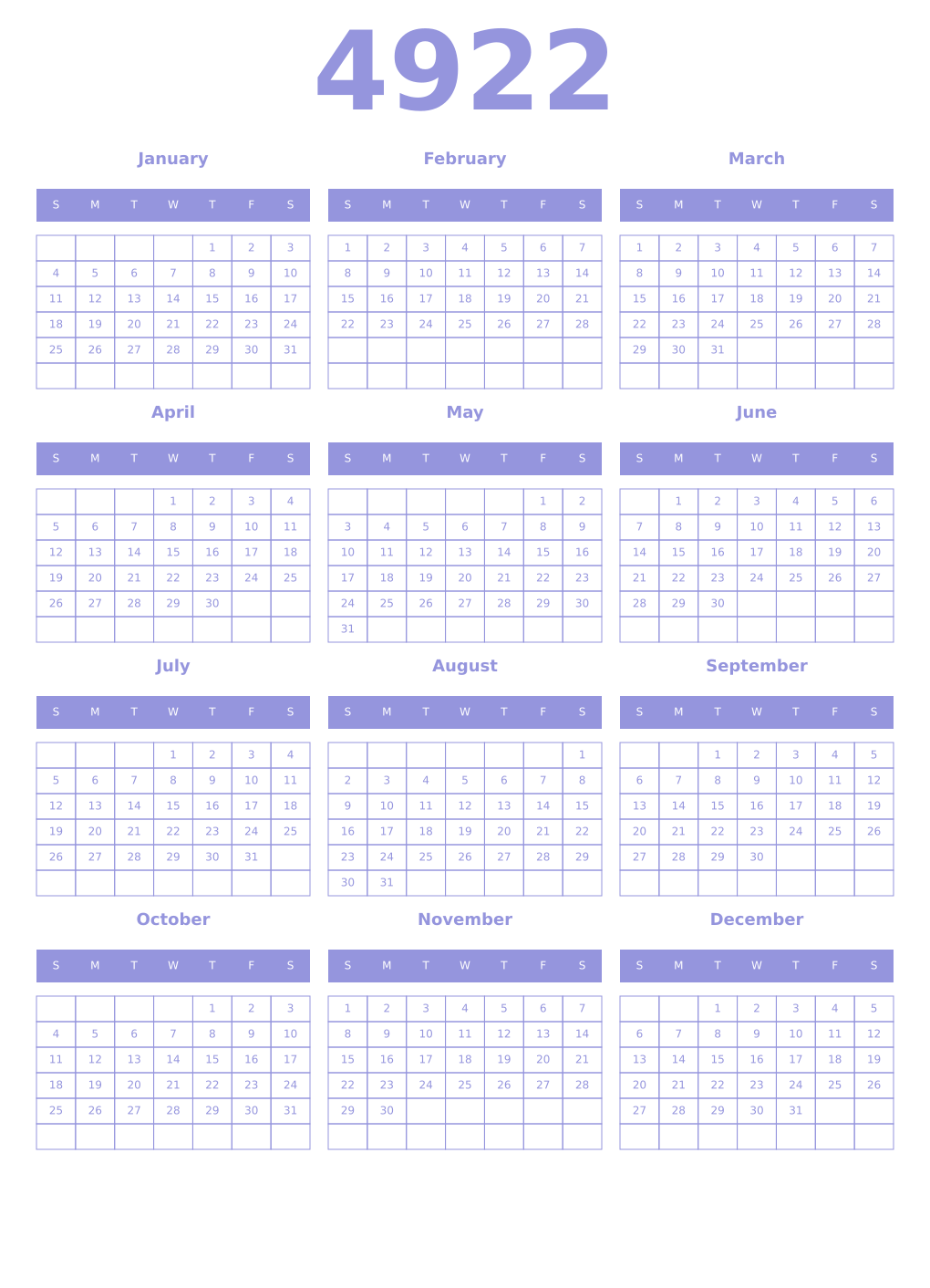 Printable 4922 Year Calendars periwinkle