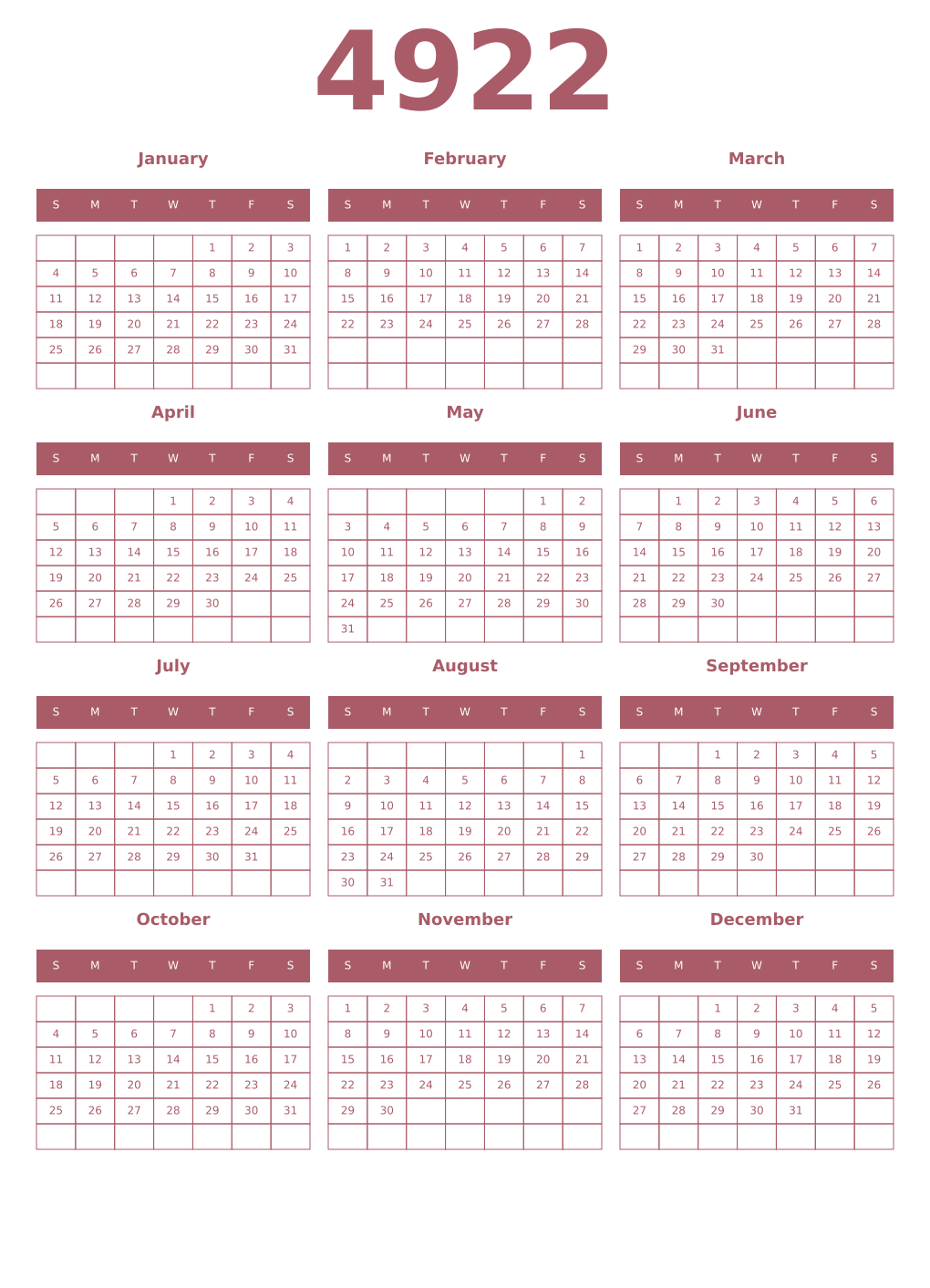 Printable 4922 Year Calendars puce