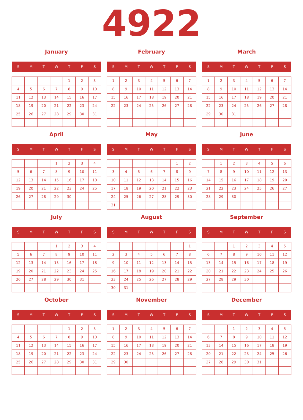 Printable 4922 Year Calendars red