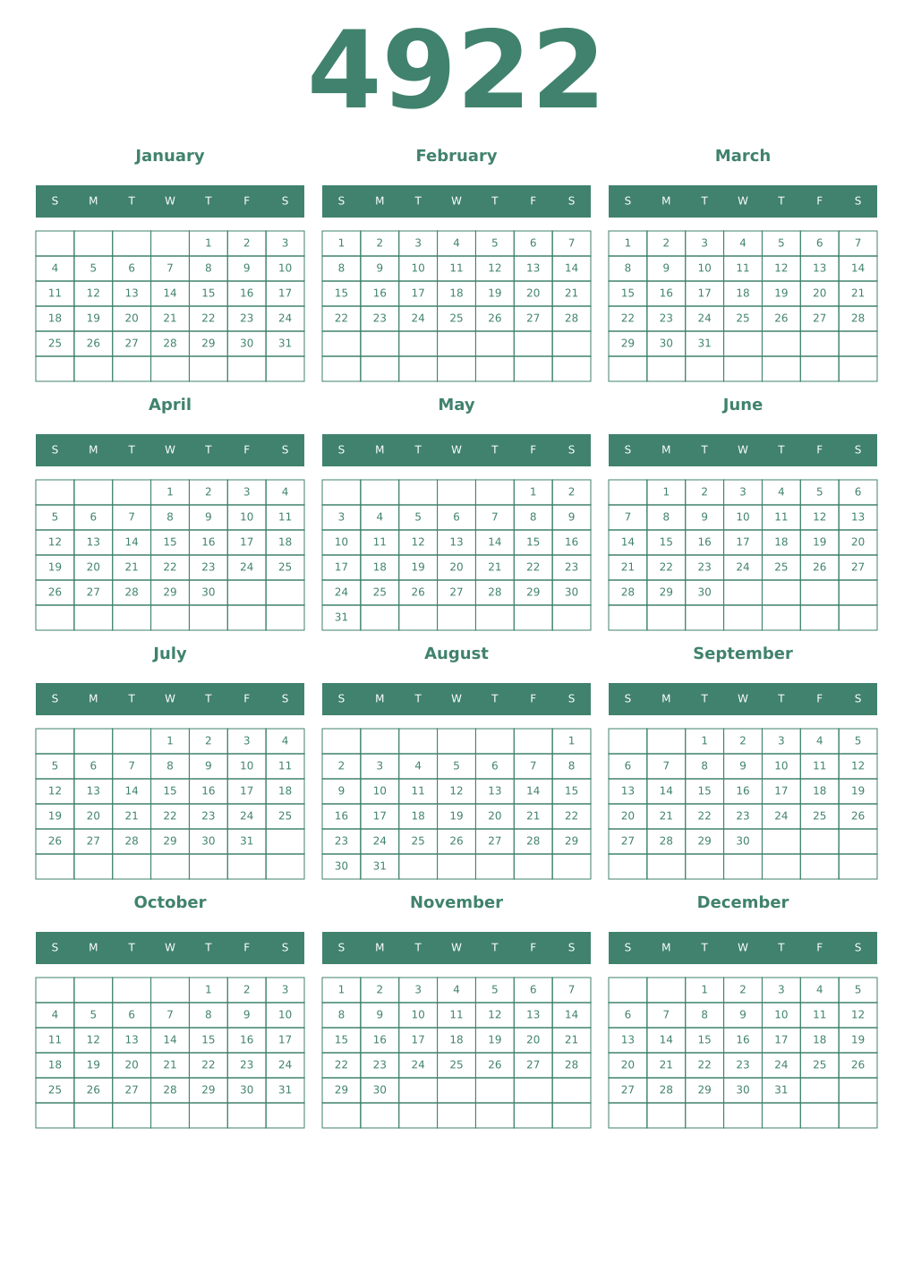 Printable 4922 Year Calendars viridian