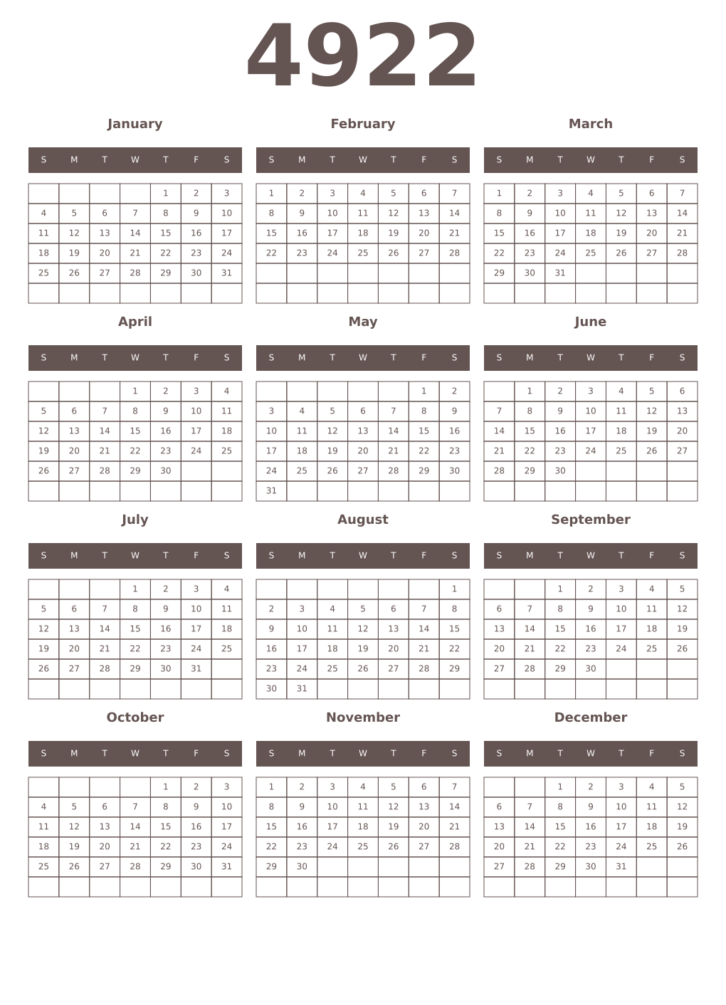Printable 4922 Year Calendars wenge