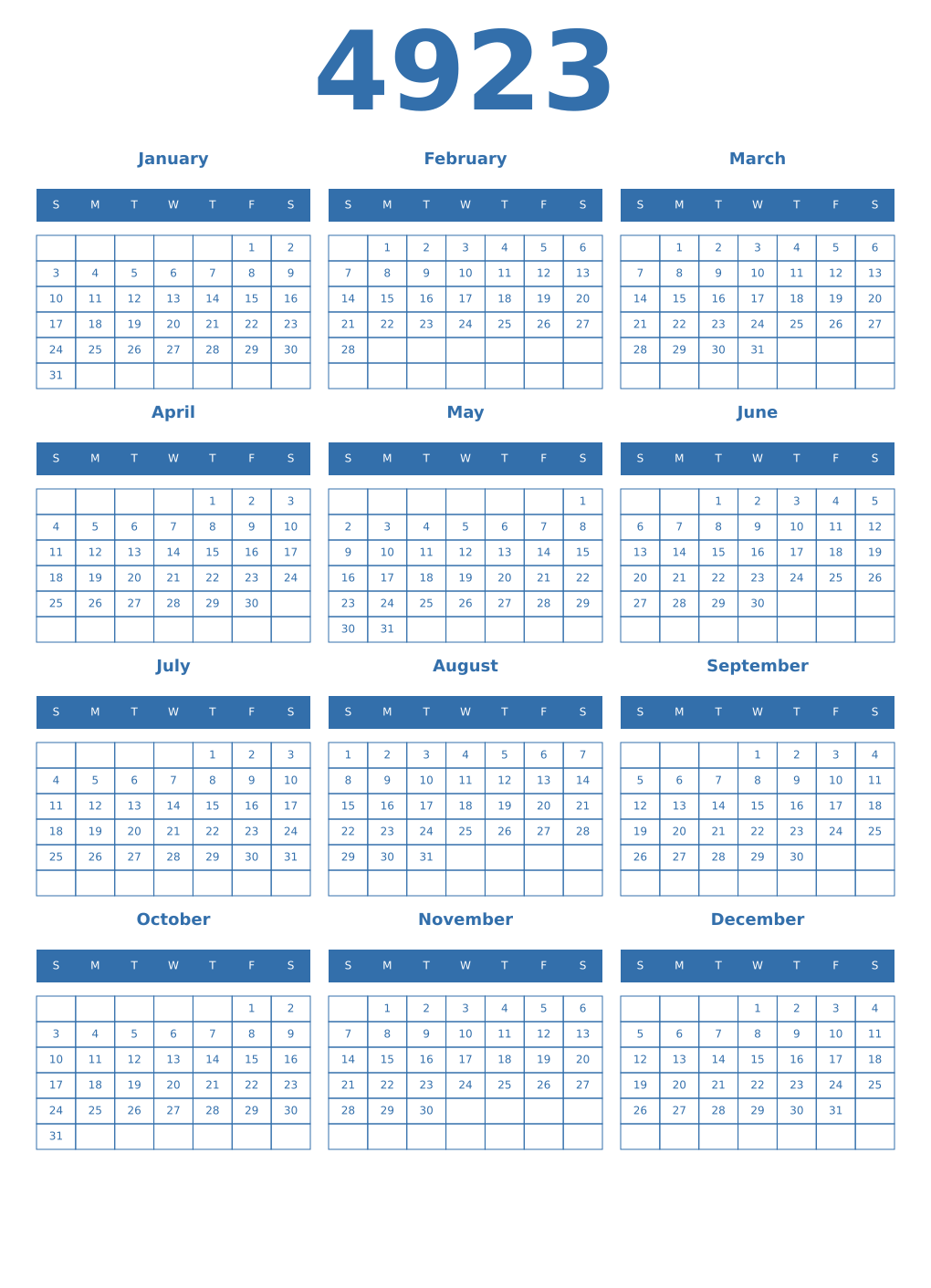 Printable 4923 Year Calendars blue