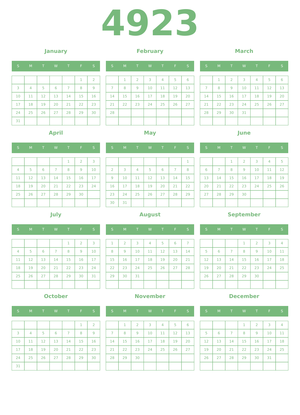 Printable 4923 Year Calendars celadon