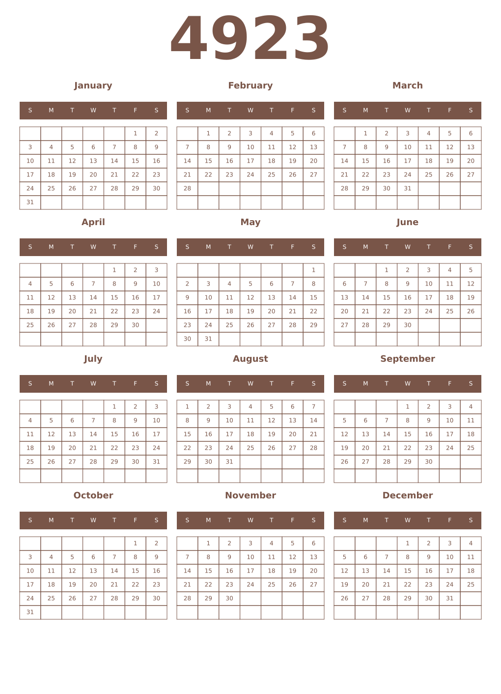 Printable 4923 Year Calendars coffe