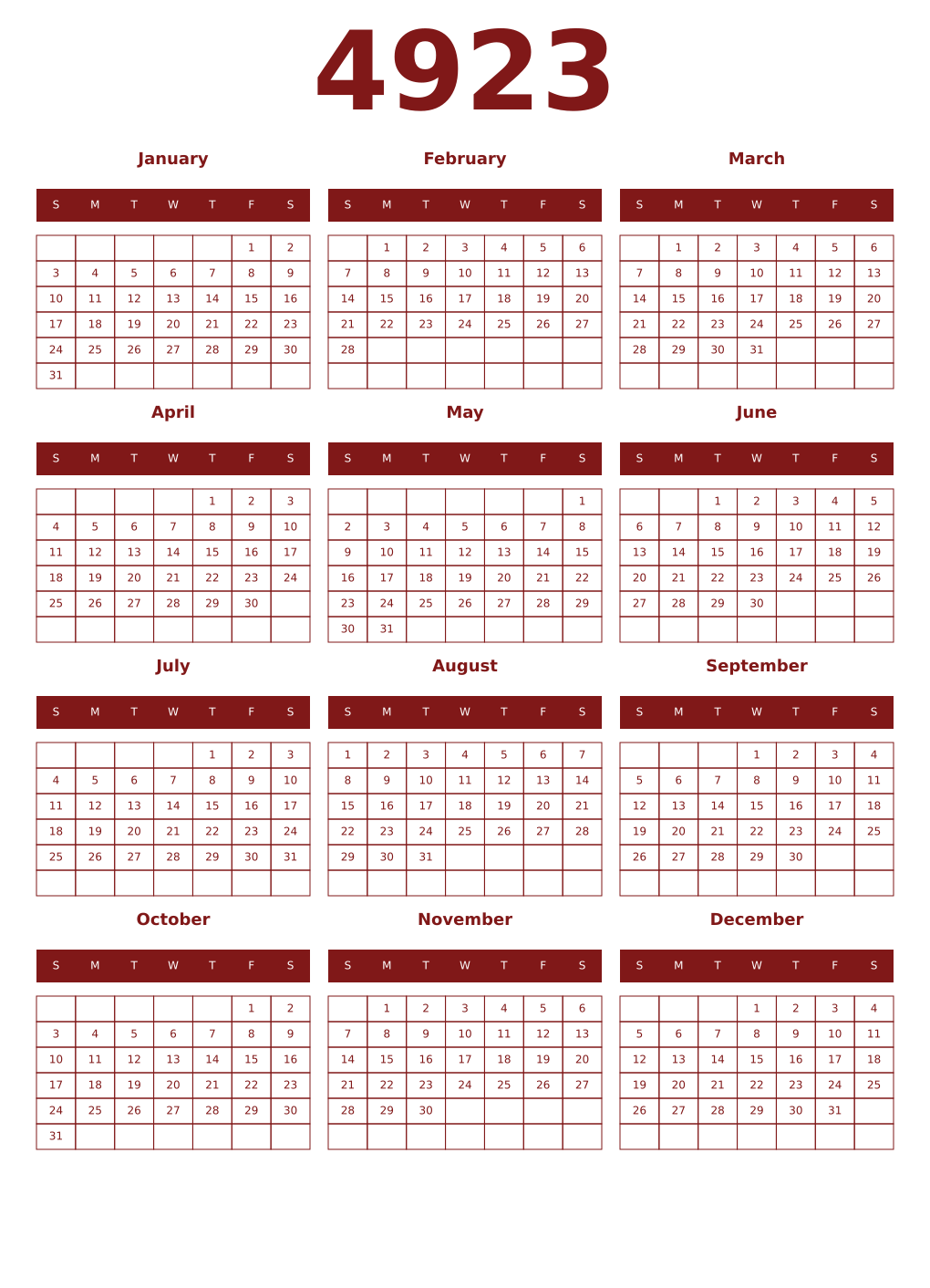 Printable 4923 Year Calendars falu