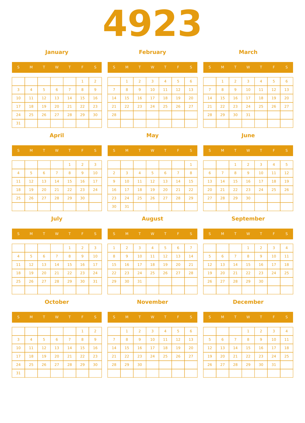 Printable 4923 Year Calendars gamboge