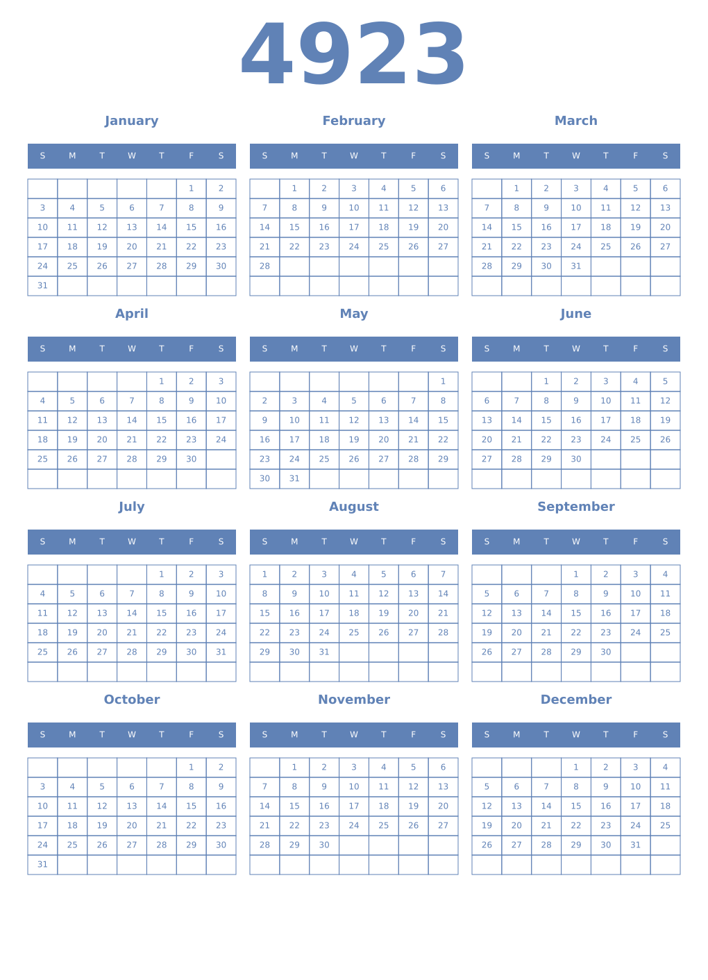 Printable 4923 Year Calendars glaucous