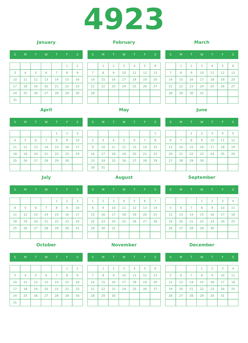 Printable 4923 Year Calendars green