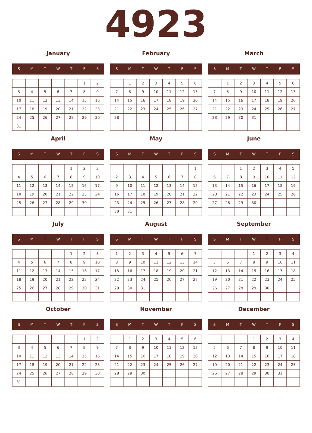 Printable 4923 Year Calendars mortuum