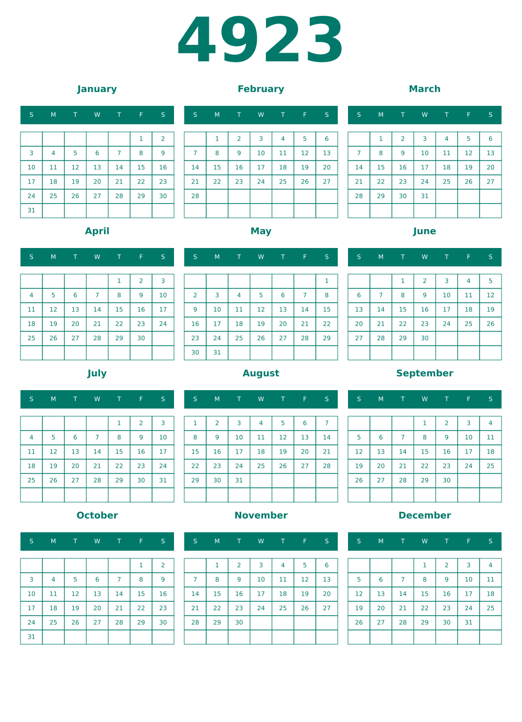 Printable 4923 Year Calendars pastel