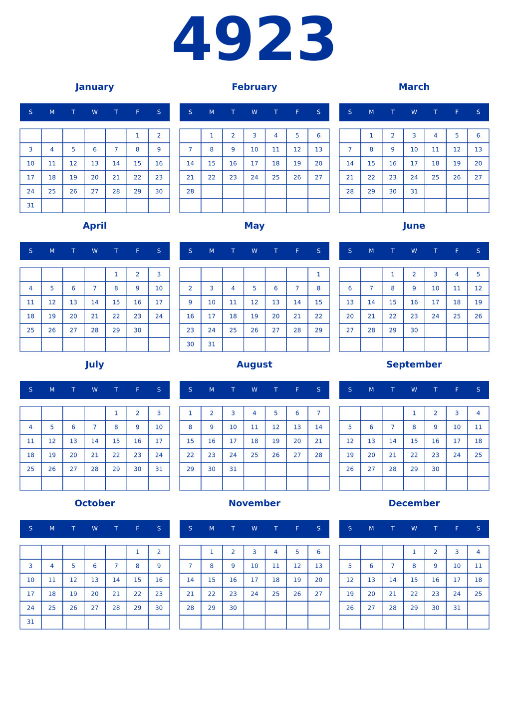 Printable 4923 Year Calendars smalt
