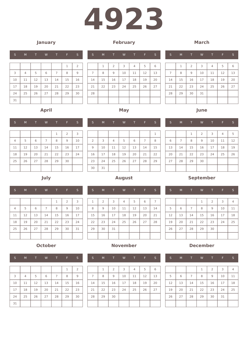 Printable 4923 Year Calendars wenge