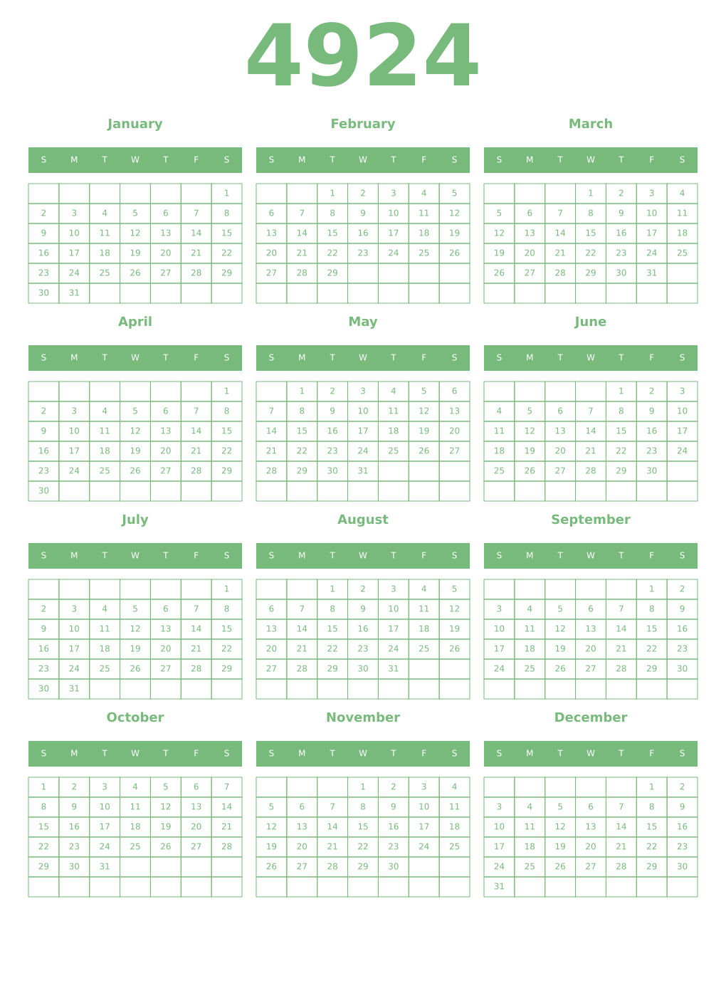 Printable 4924 Year Calendars celadon