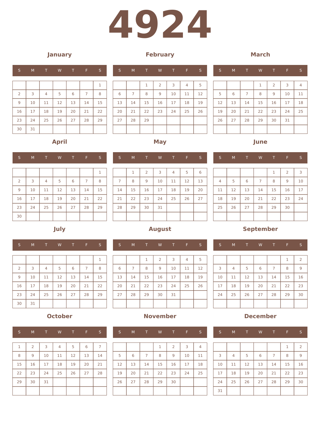 Printable 4924 Year Calendars coffe