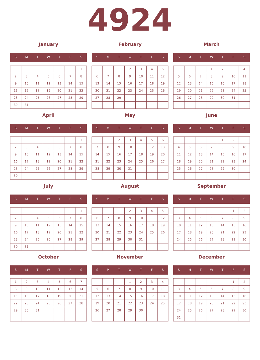 Printable 4924 Year Calendars cordovan