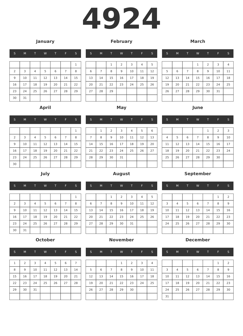 Printable 4924 Year Calendars dark