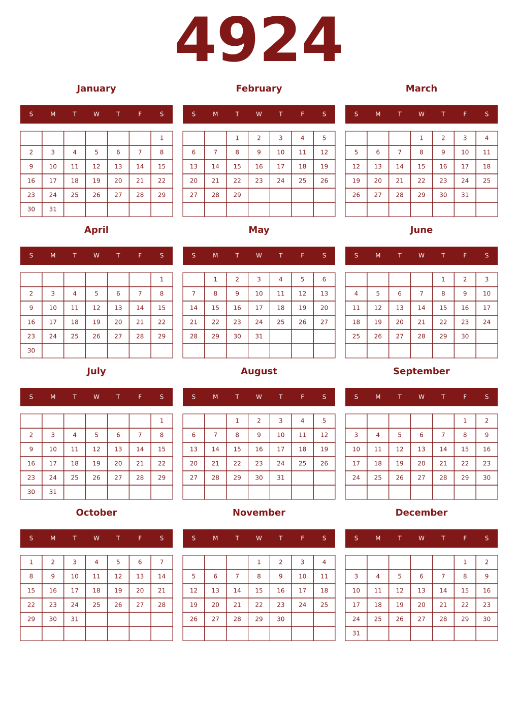 Printable 4924 Year Calendars falu