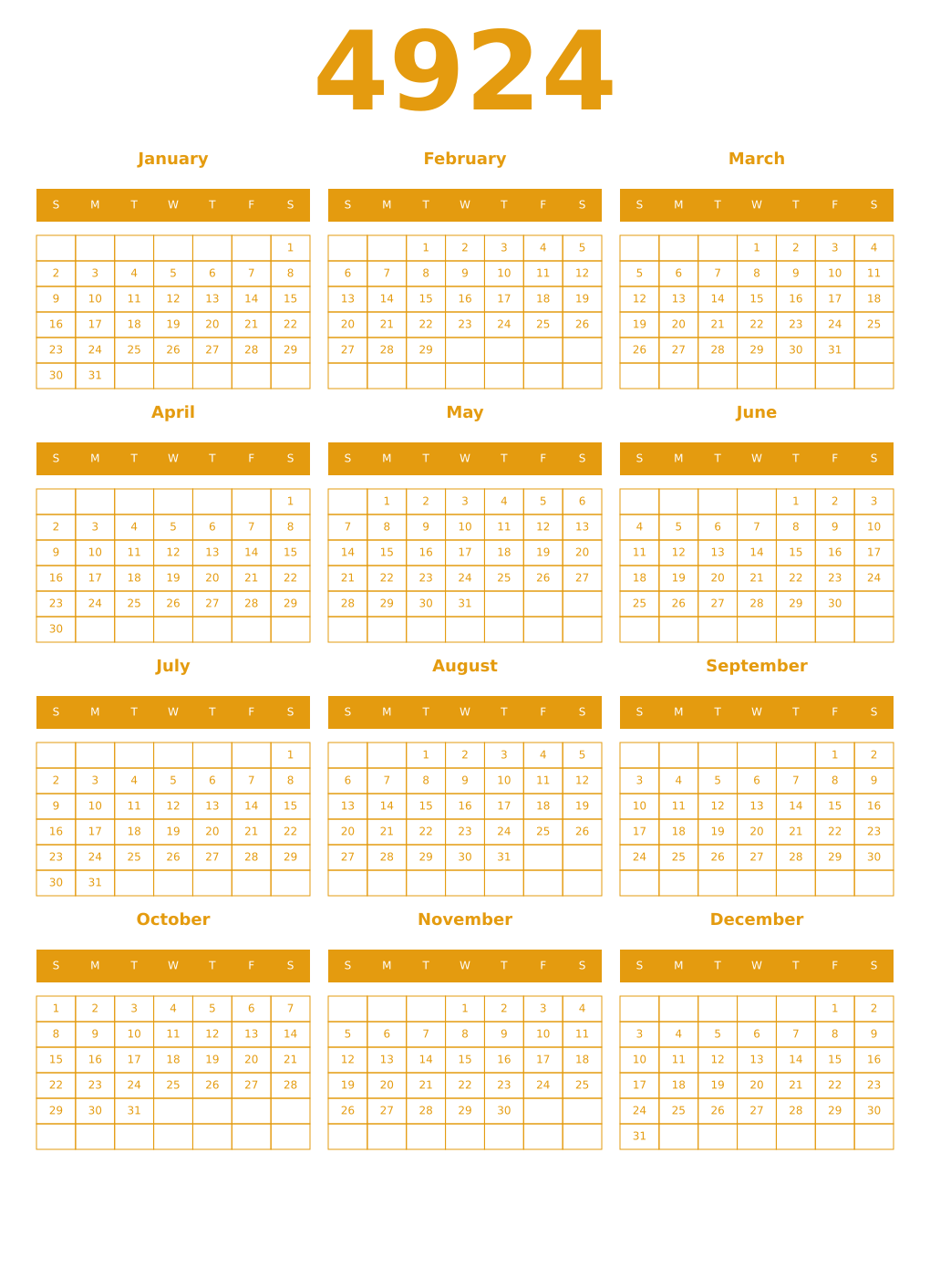 Printable 4924 Year Calendars gamboge