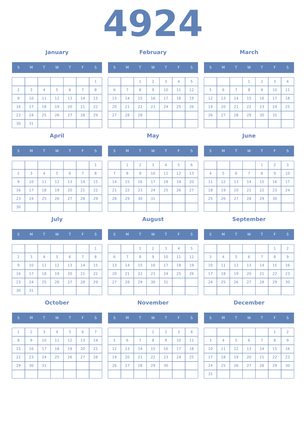 Printable 4924 Year Calendars glaucous