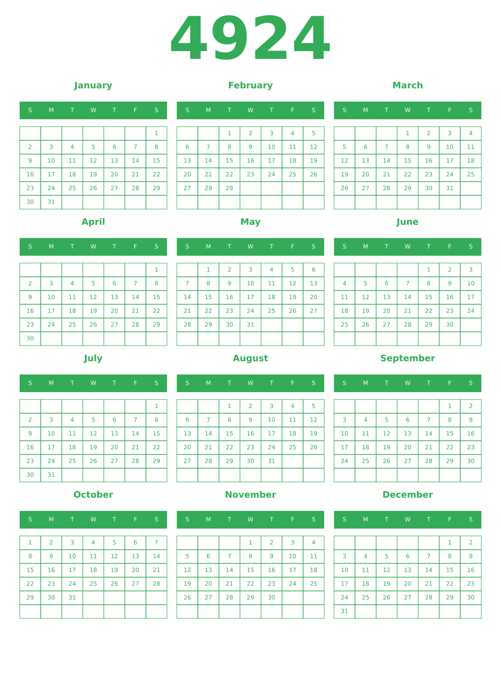 Printable 4924 Year Calendars green