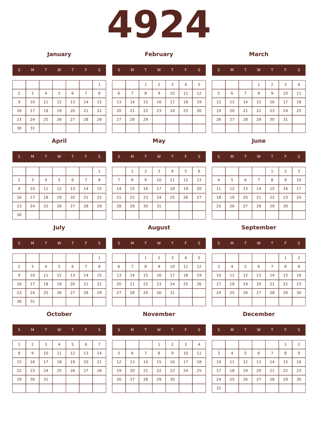 Printable 4924 Year Calendars mortuum