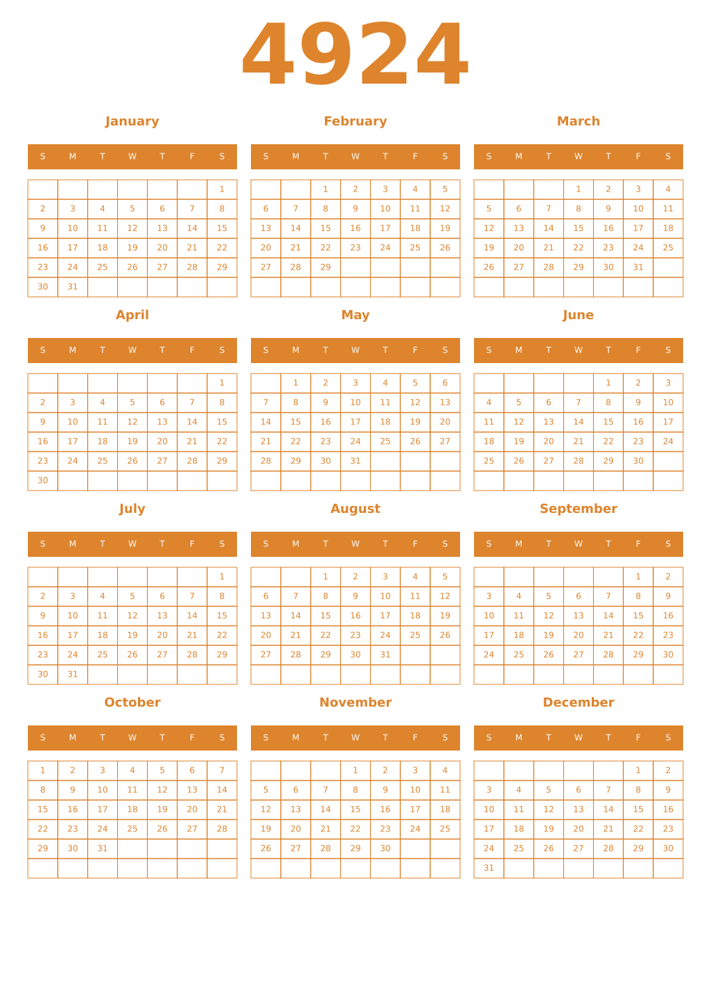 Printable 4924 Year Calendars orange