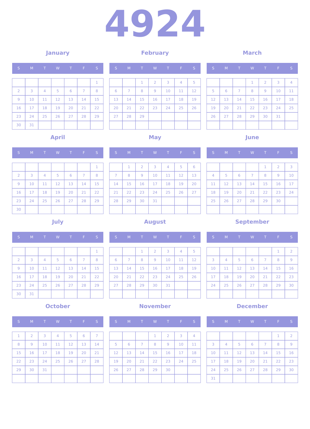 Printable 4924 Year Calendars periwinkle