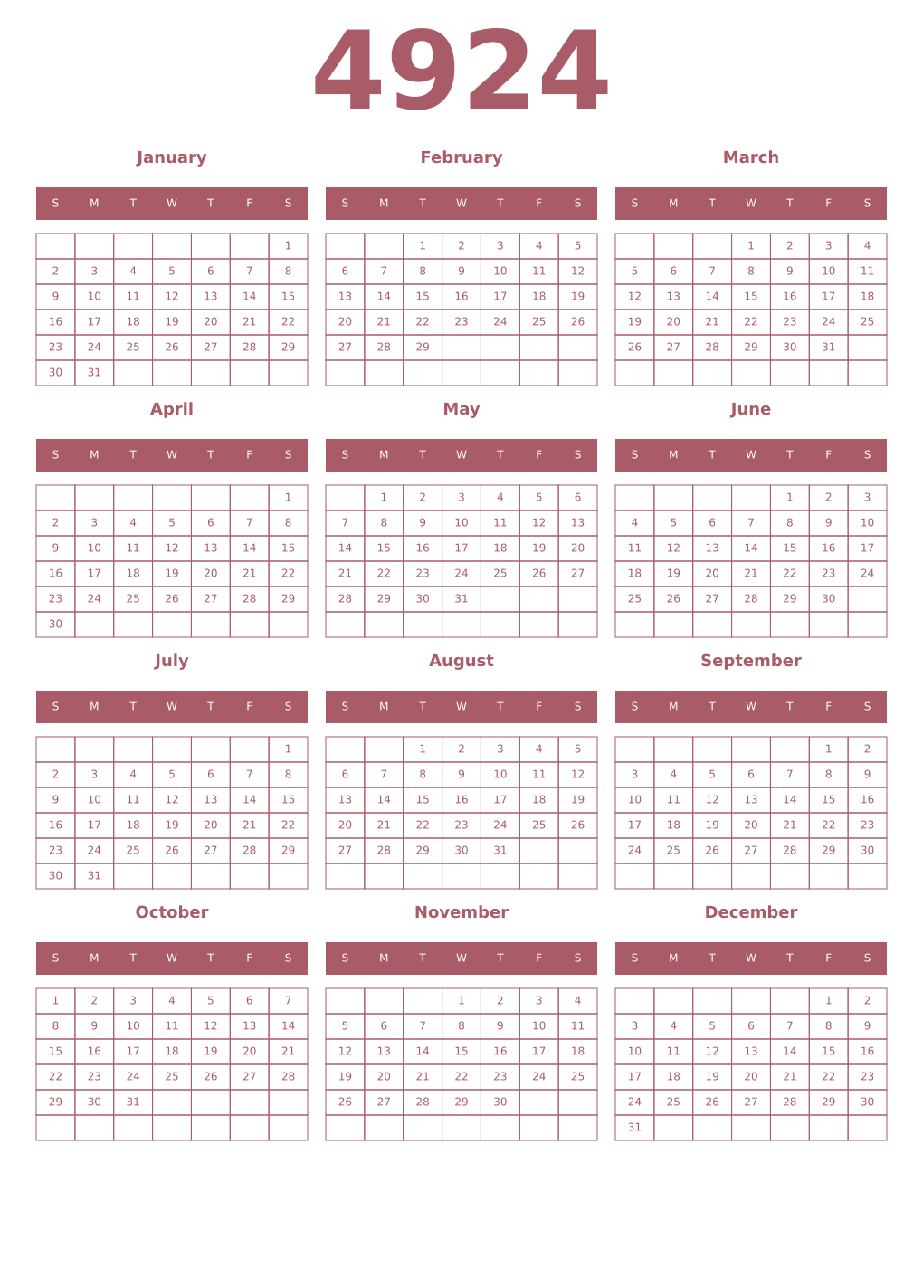 Printable 4924 Year Calendars puce