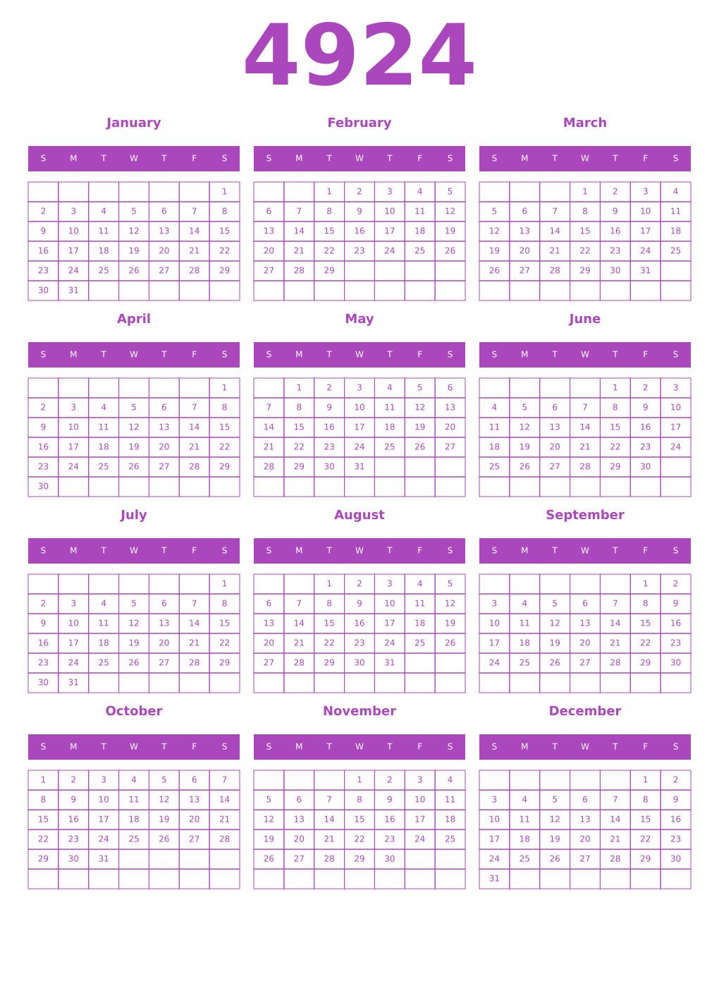 Printable 4924 Year Calendars purple