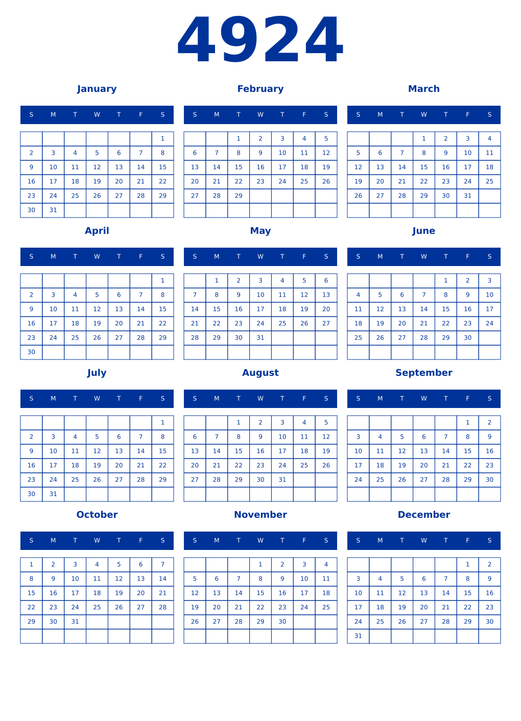 Printable 4924 Year Calendars smalt