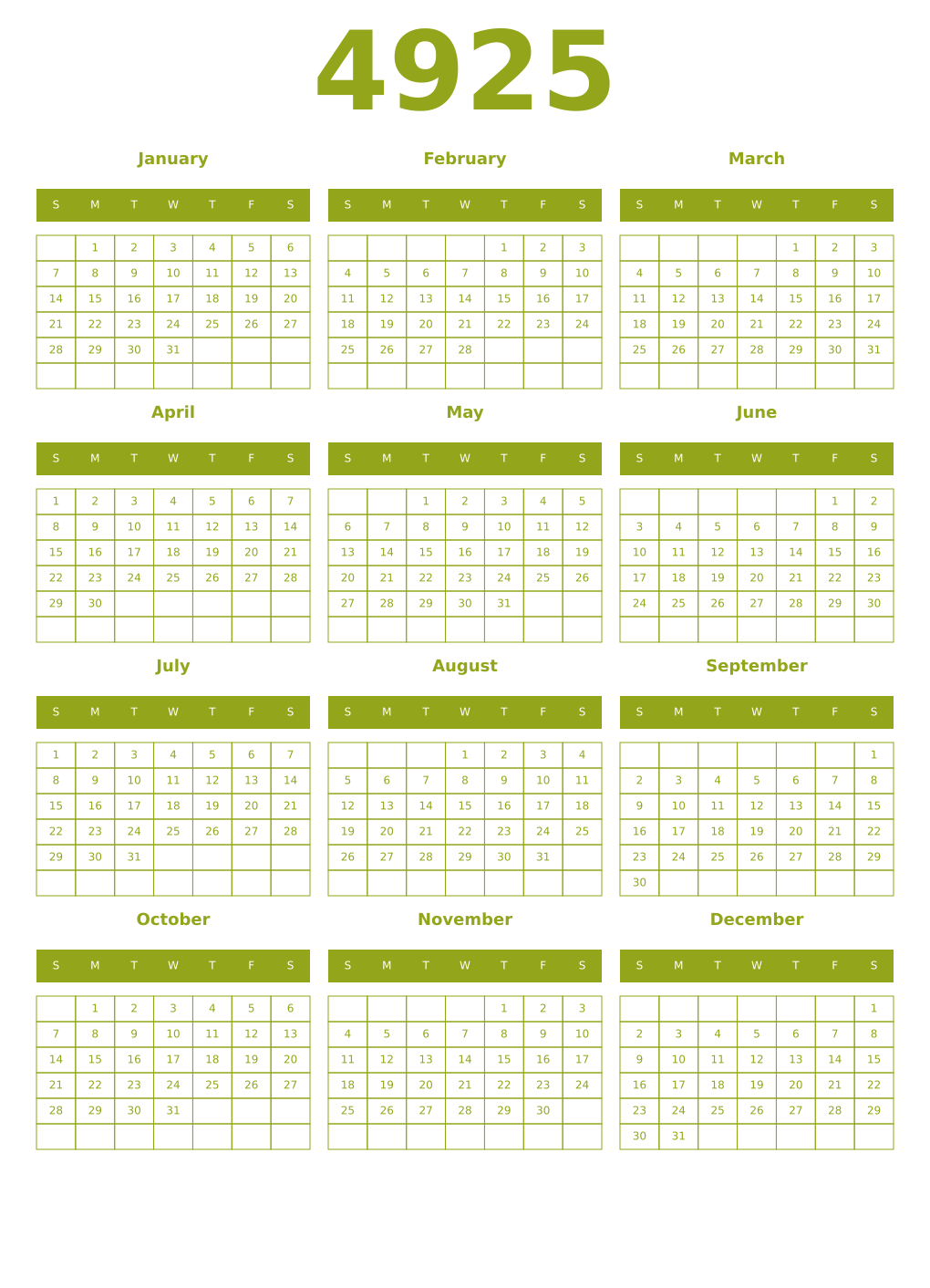 Printable 4925 Year Calendars chartreuse