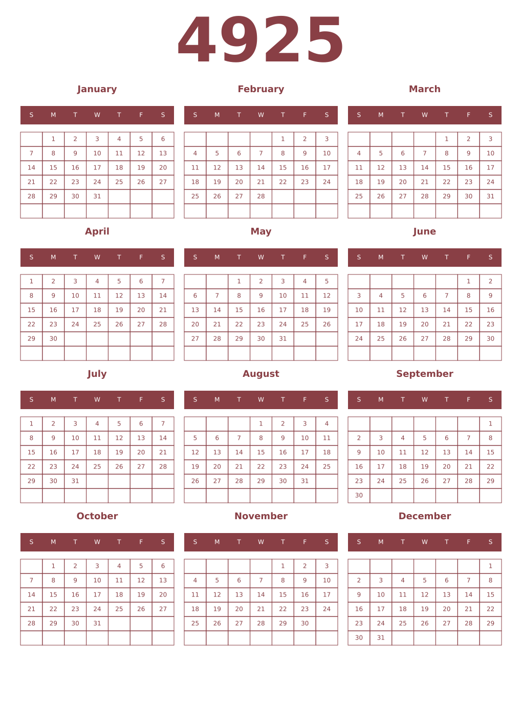 Printable 4925 Year Calendars cordovan