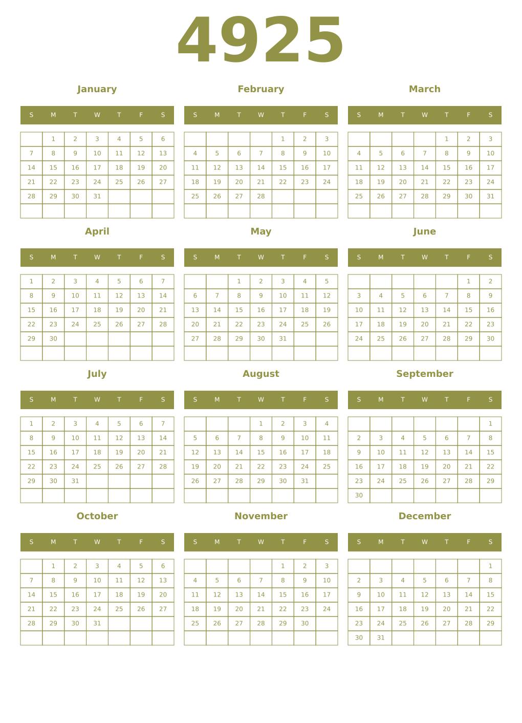 Printable 4925 Year Calendars eburnean