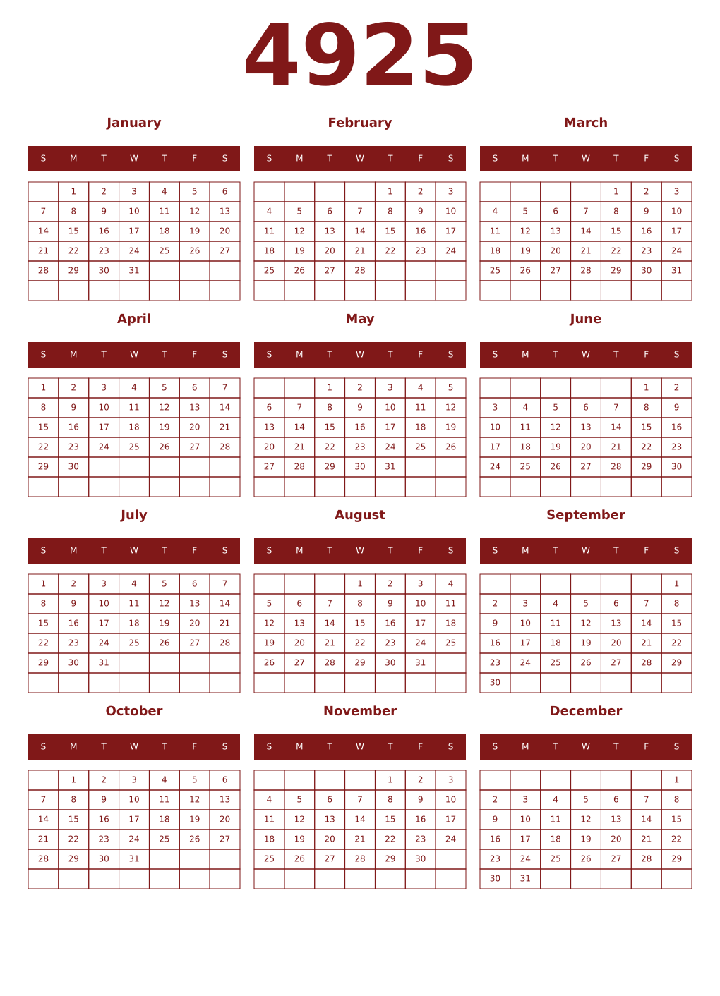 Printable 4925 Year Calendars falu