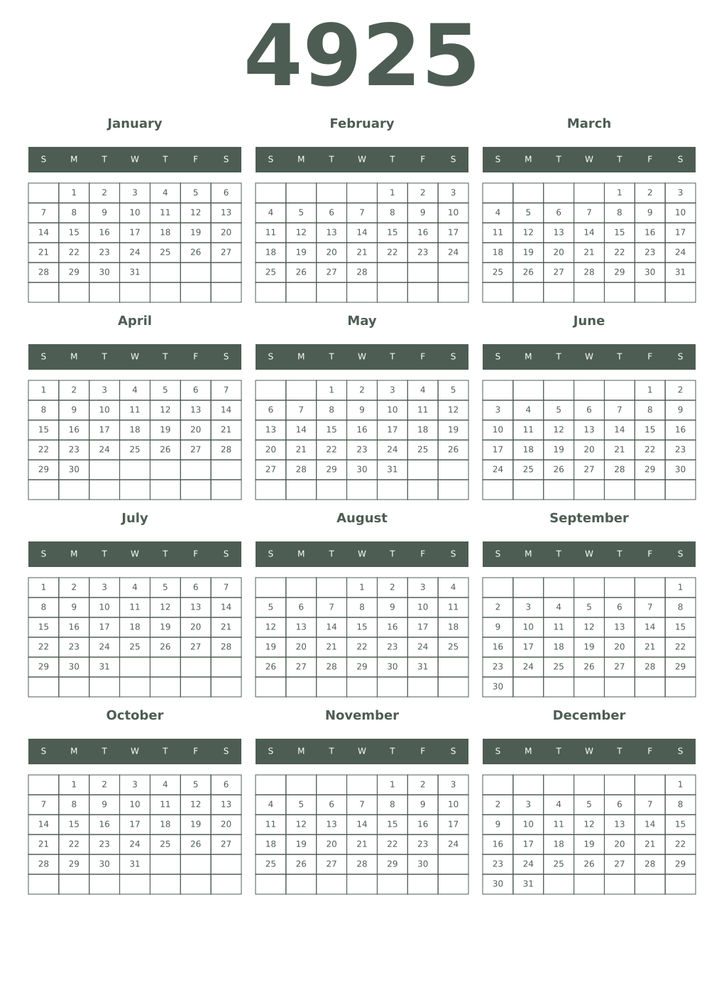 Printable 4925 Year Calendars feldgrau
