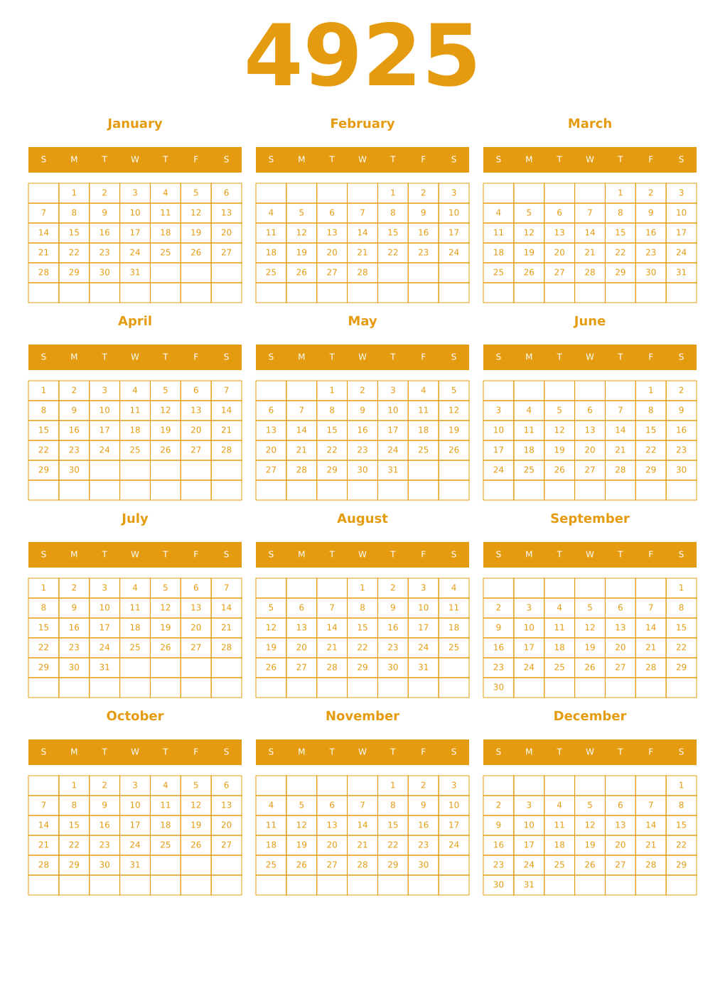 Printable 4925 Year Calendars gamboge
