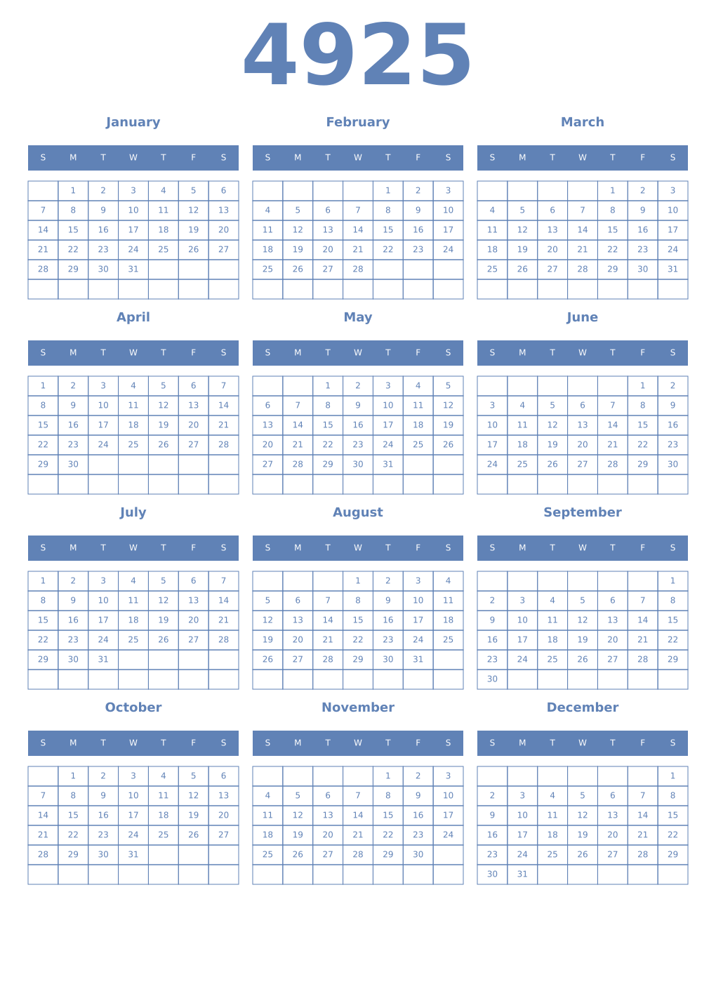 Printable 4925 Year Calendars glaucous