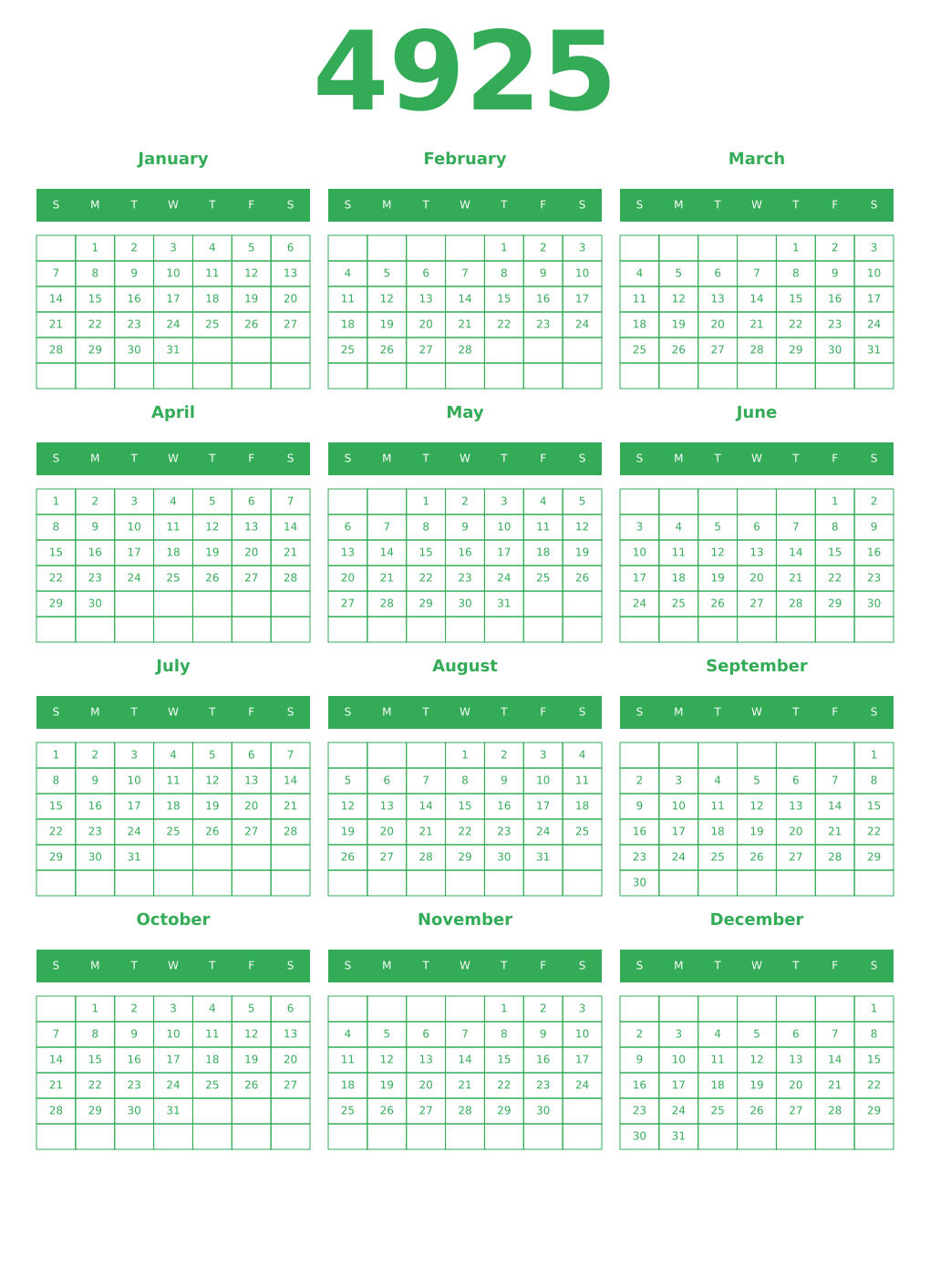 Printable 4925 Year Calendars green