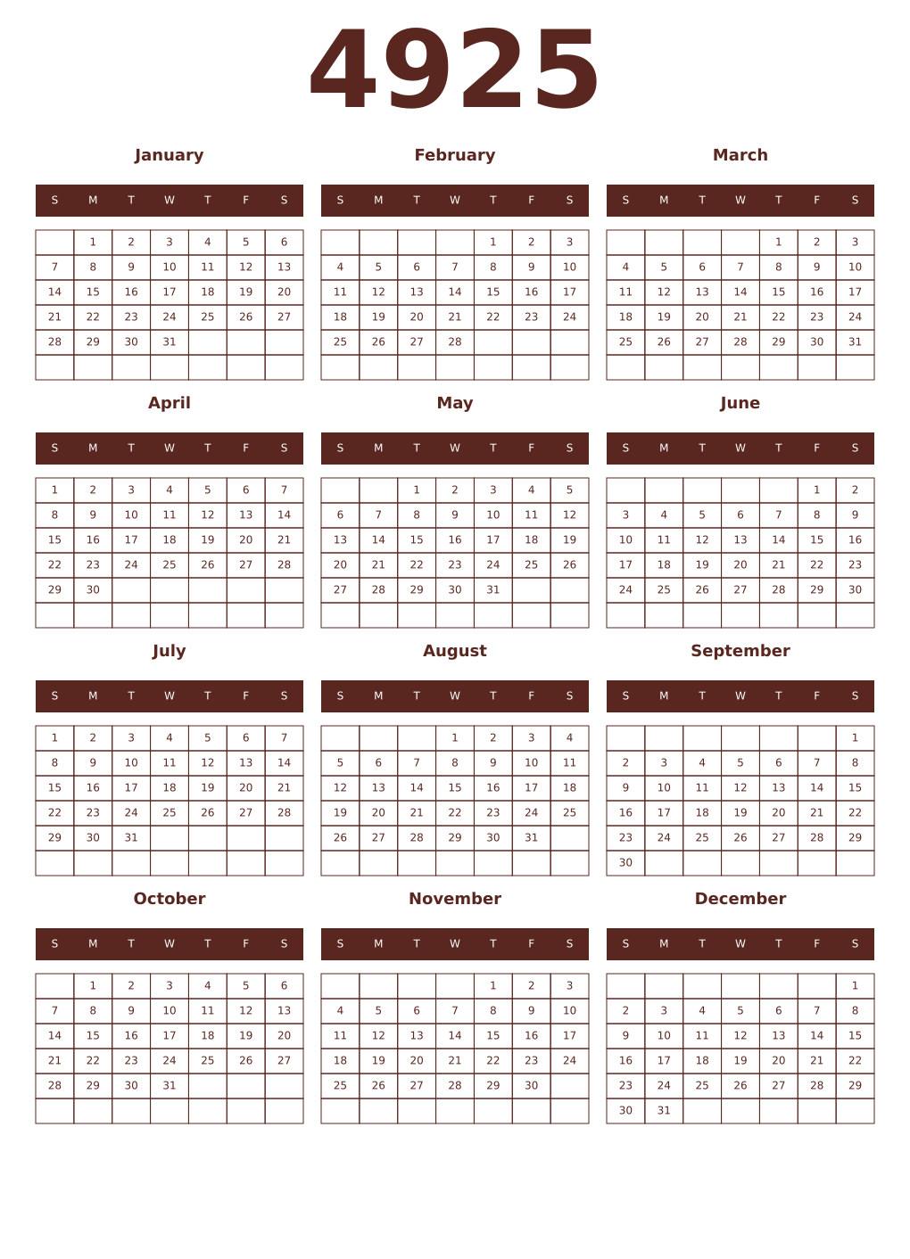 Printable 4925 Year Calendars mortuum
