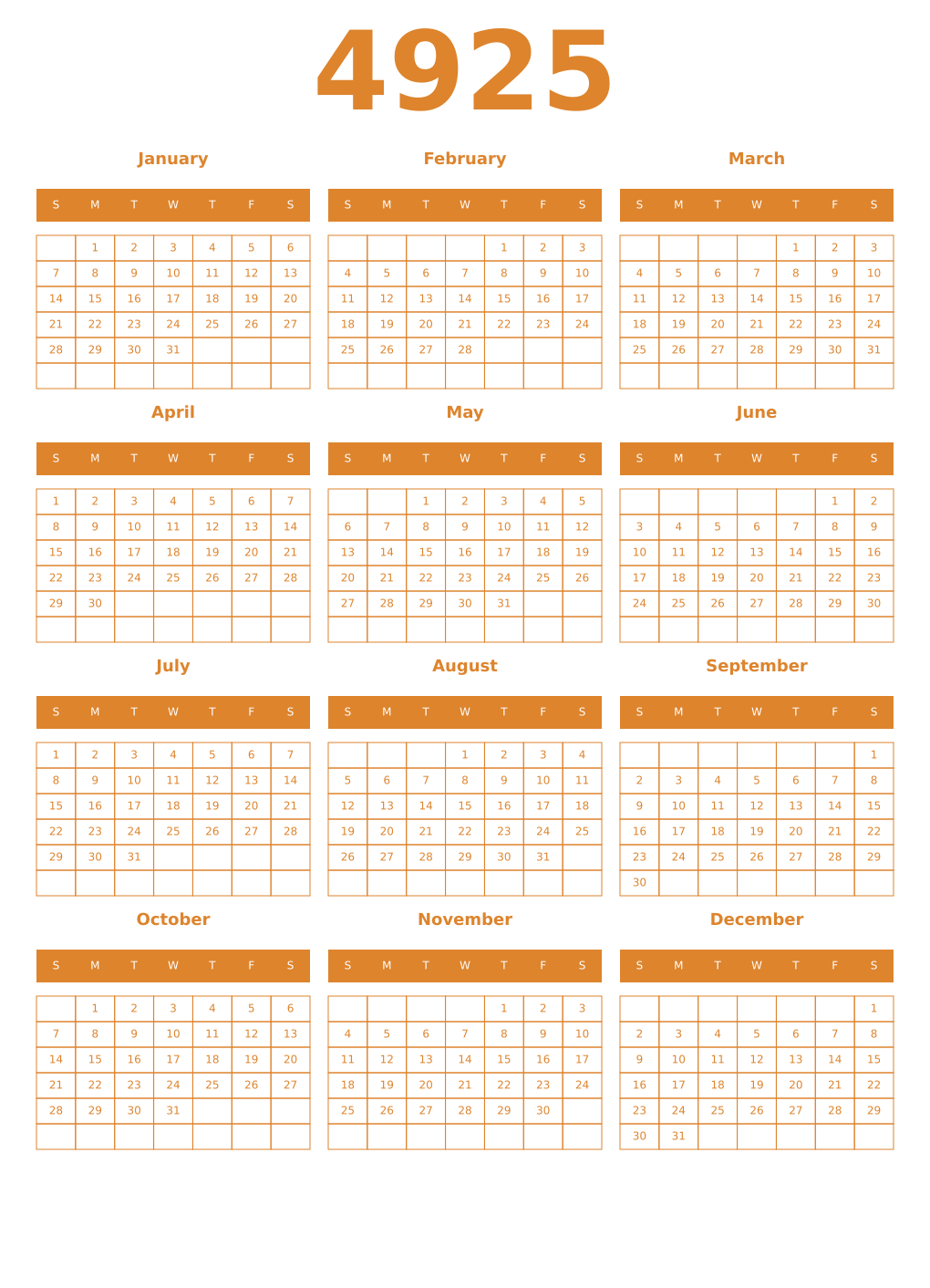 Printable 4925 Year Calendars orange