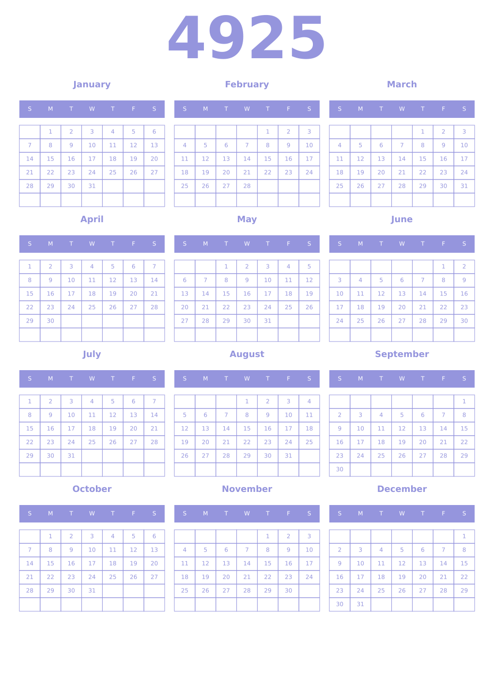 Printable 4925 Year Calendars periwinkle