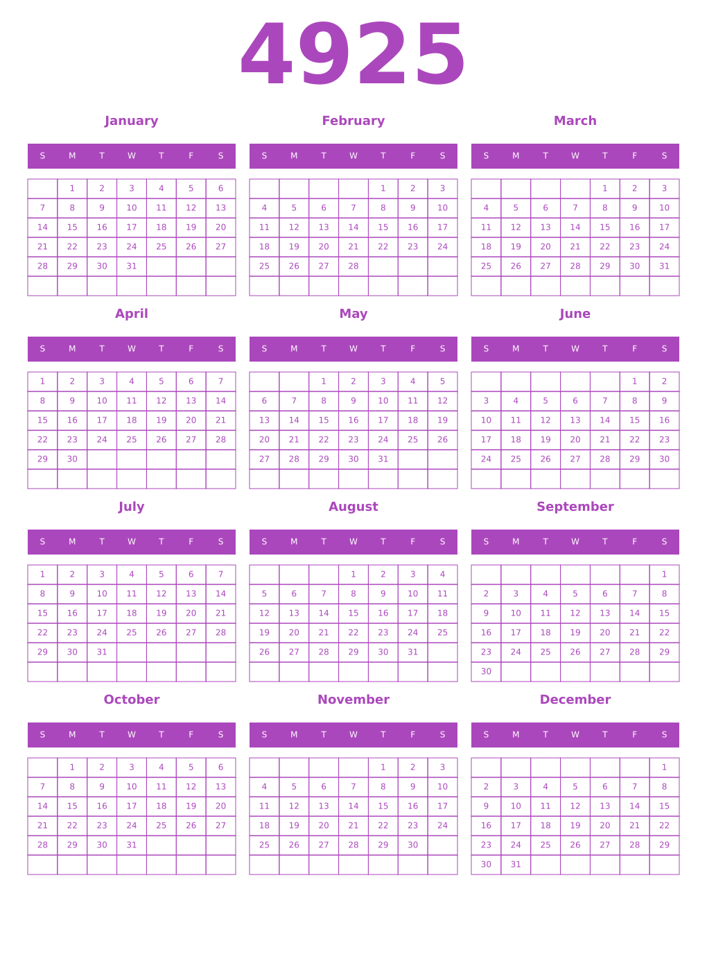 Printable 4925 Year Calendars purple