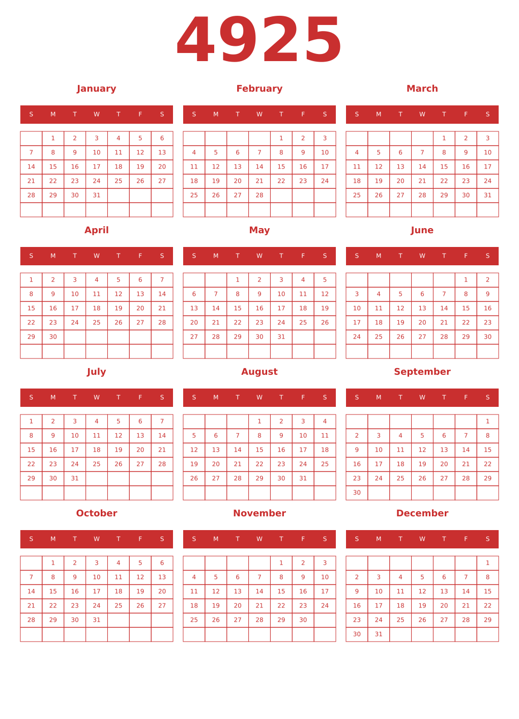Printable 4925 Year Calendars red