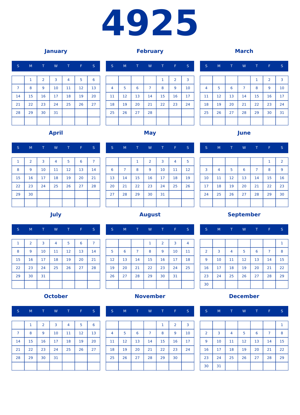 Printable 4925 Year Calendars smalt