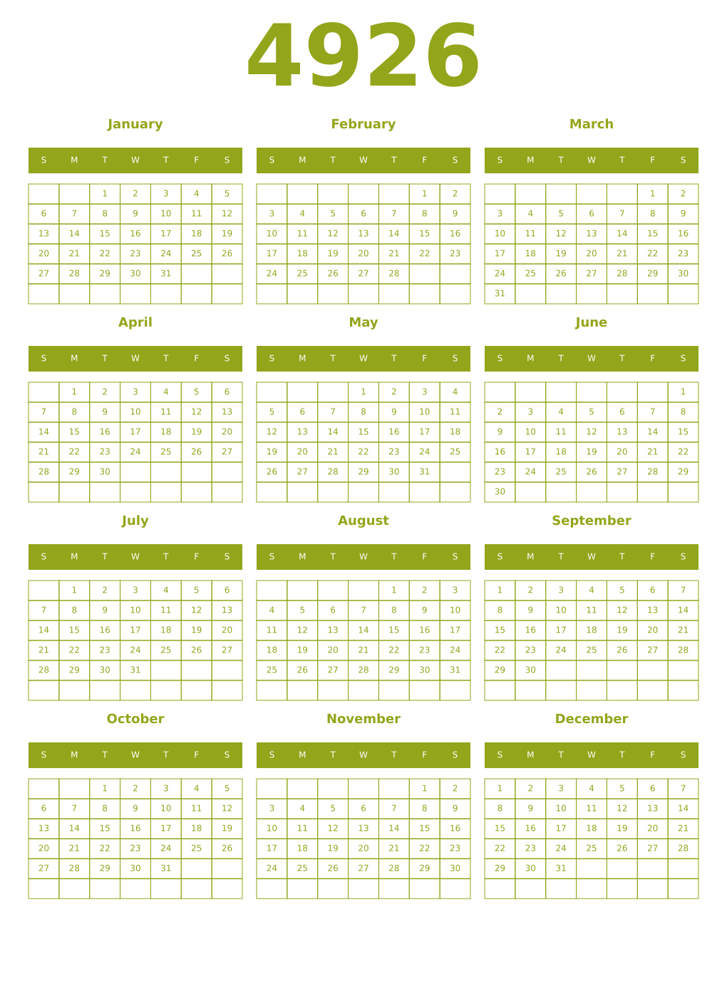 Printable 4926 Year Calendars chartreuse