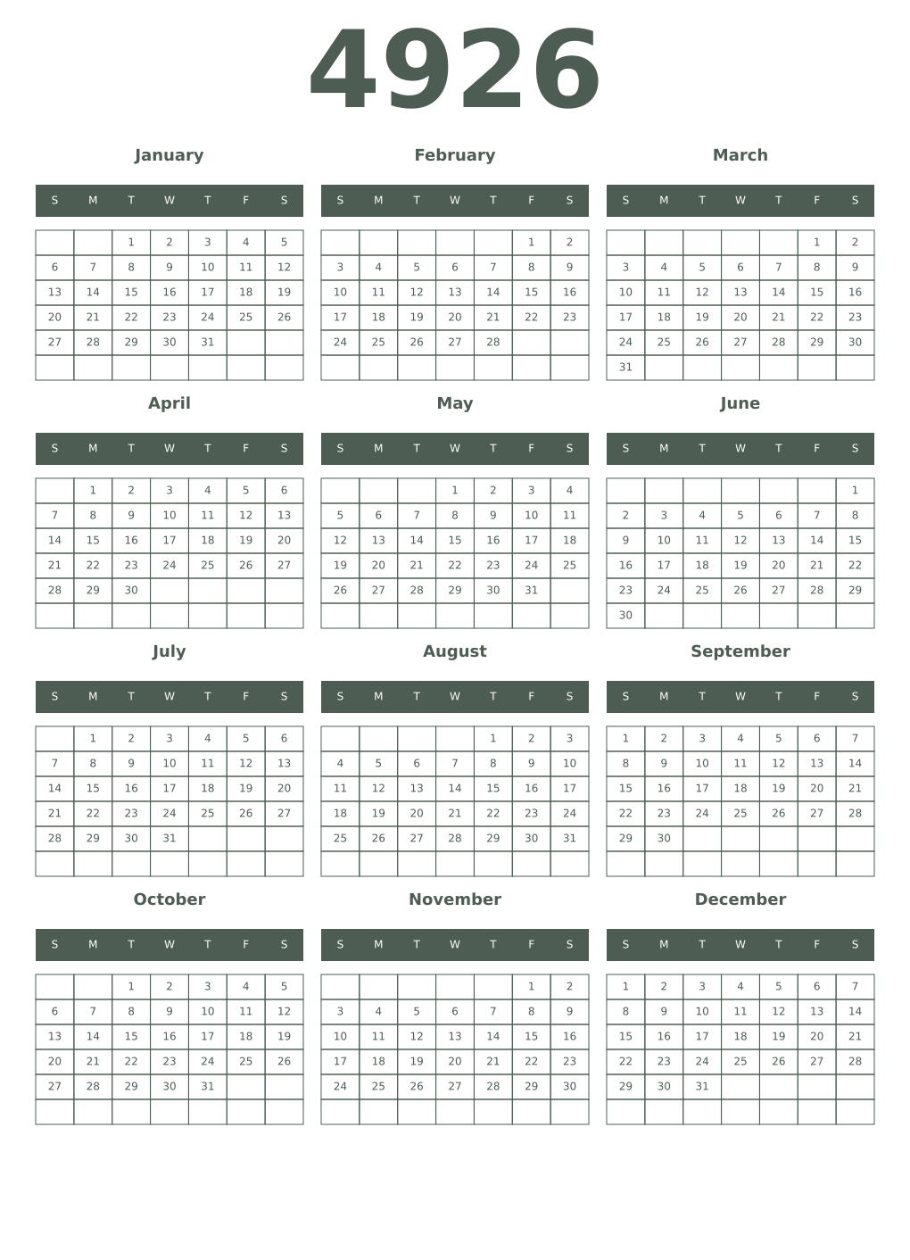 Printable 4926 Year Calendars feldgrau