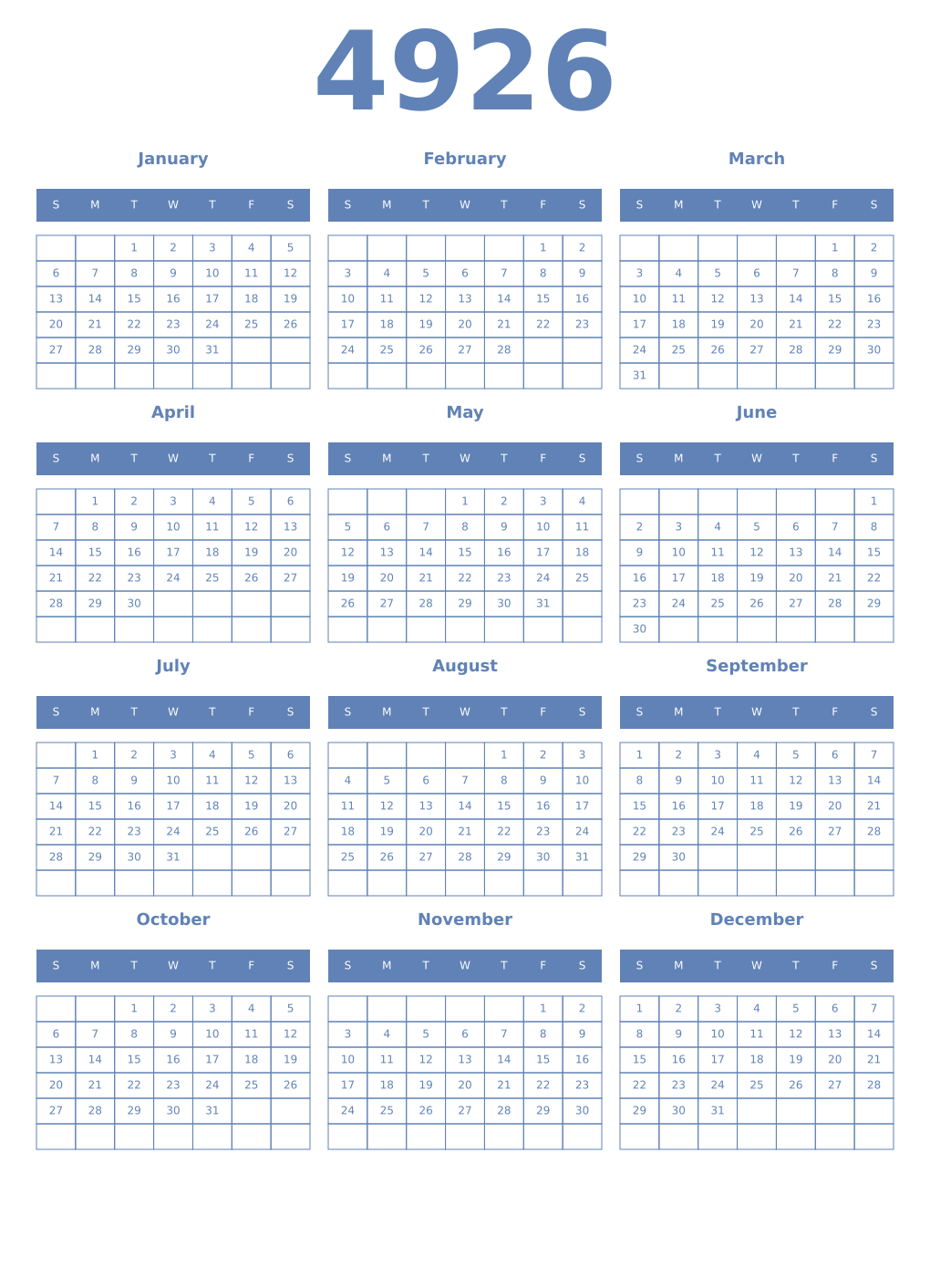 Printable 4926 Year Calendars glaucous