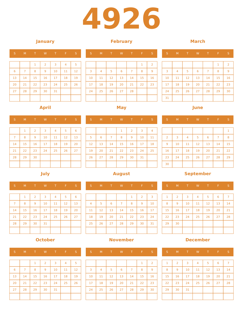 Printable 4926 Year Calendars orange