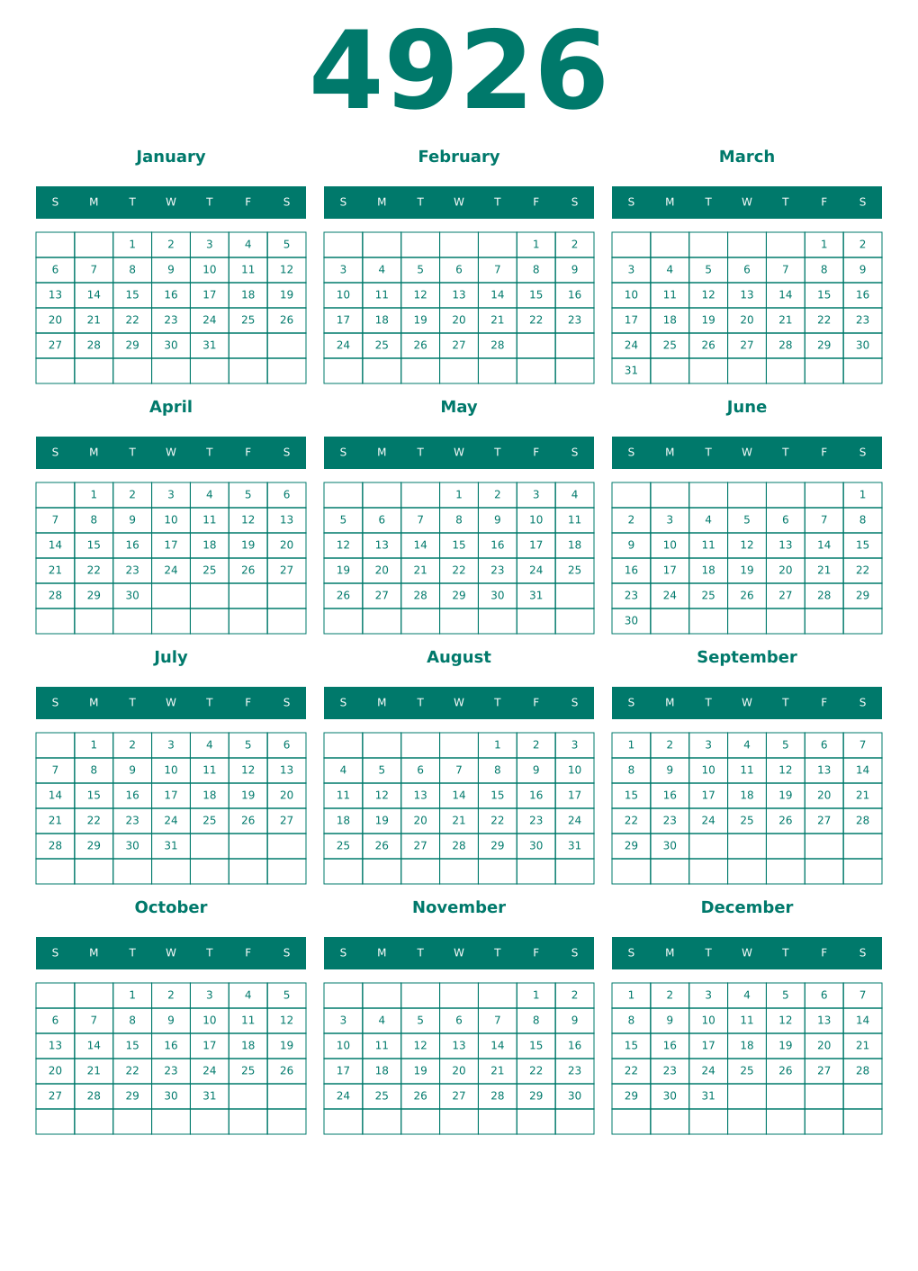 Printable 4926 Year Calendars pastel