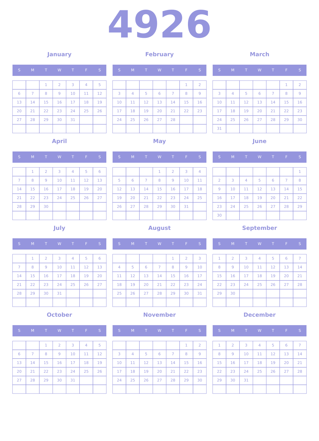 Printable 4926 Year Calendars periwinkle